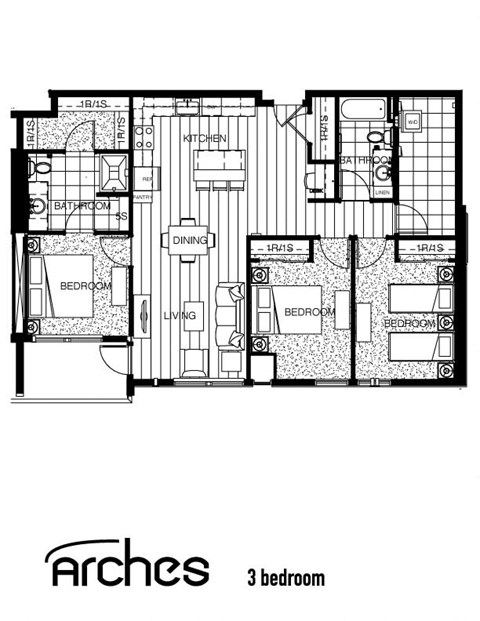 the floor plan of arches 3 bedroom apartment